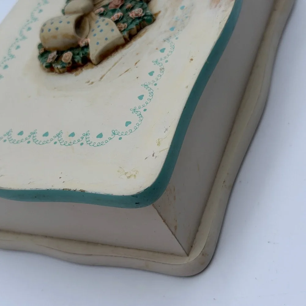 Vintage Shabby Chic Wooden Jewelry Box Cream Teal Floral Bow Heart Detail Taiwan
